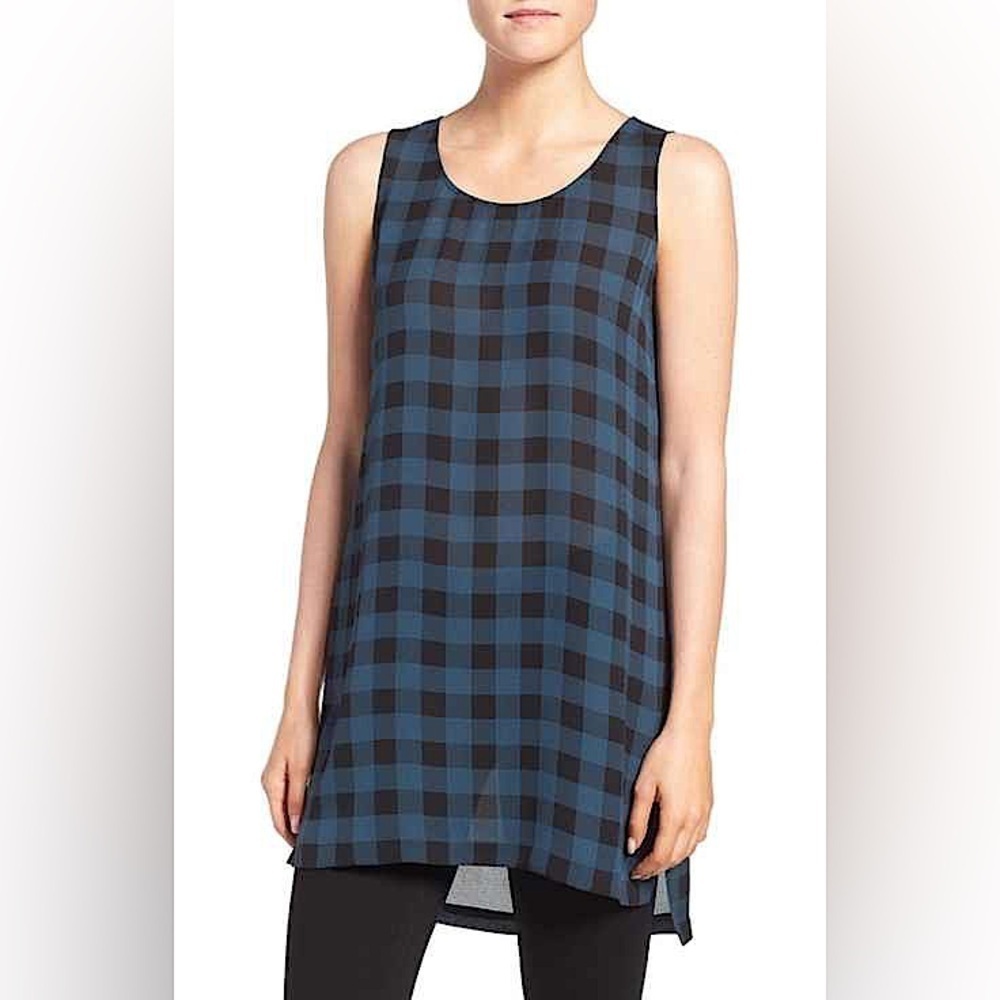 Eileen Fisher 100% Silk Blue Black Buffalo Plaid Sleeveless Tunic Tank Top XS